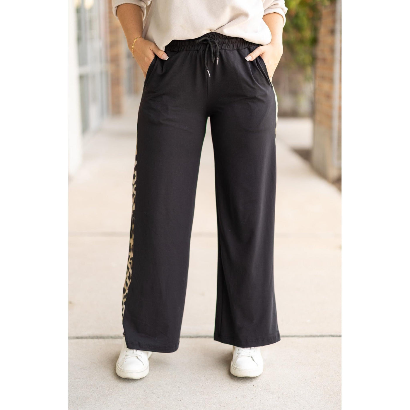 PreOrder | The Chelsea - Black Wide Leg with Leopard Panel Loungers
