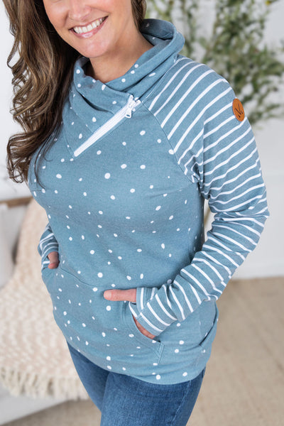 IN STOCK Zoey ZipCowl Sweatshirt - Teal Dots and Stripes