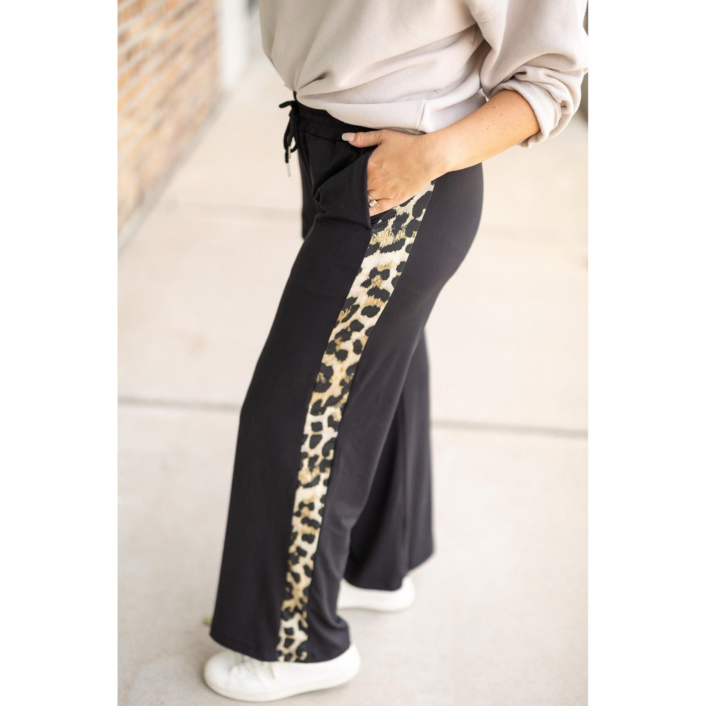 PreOrder | The Chelsea - Black Wide Leg with Leopard Panel Loungers