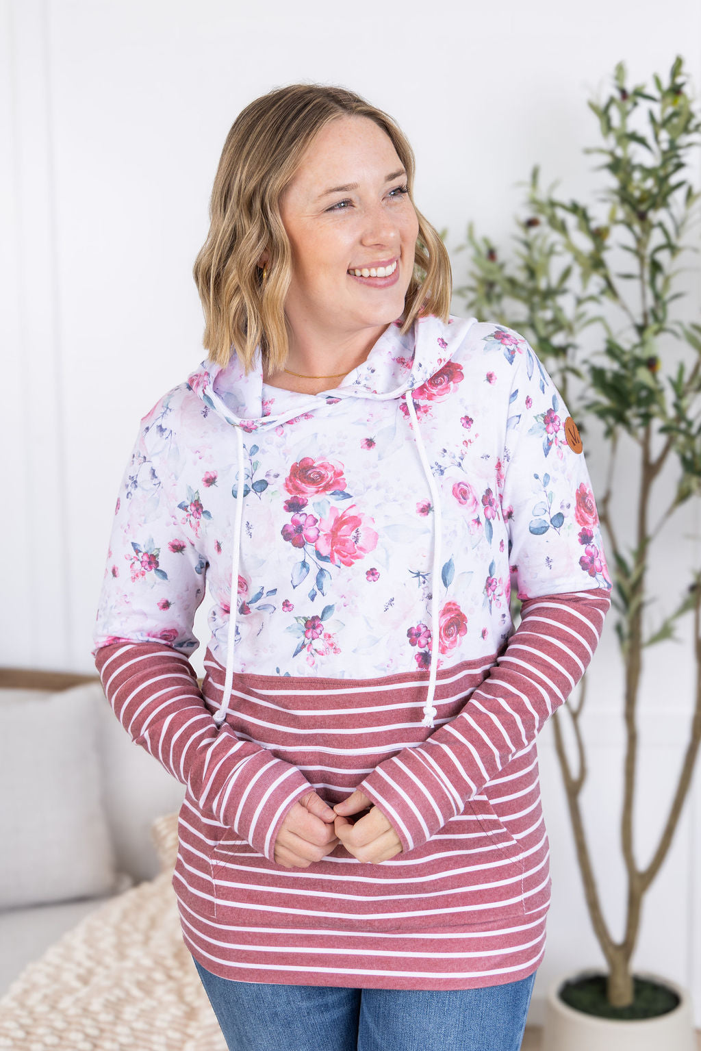 IN STOCK Hailey Pullover Hoodie - Pink Bloom and Stripes