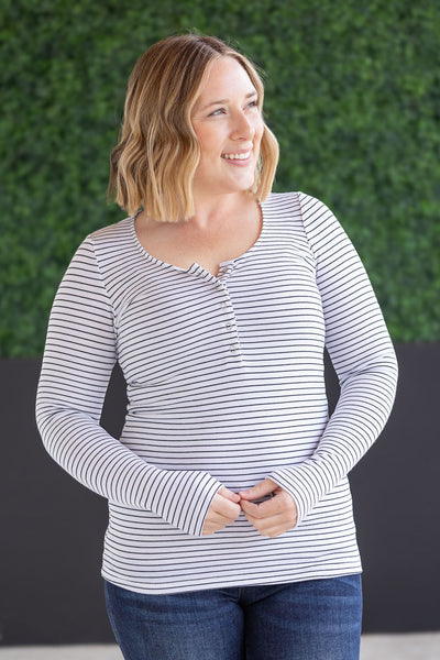 IN STOCK Striped Henley Long Sleeve - White