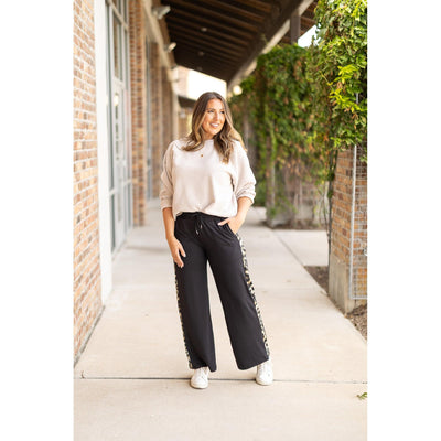 PreOrder | The Chelsea - Black Wide Leg with Leopard Panel Loungers