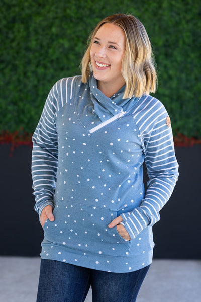 IN STOCK Zoey ZipCowl Sweatshirt - Teal Dots and Stripes