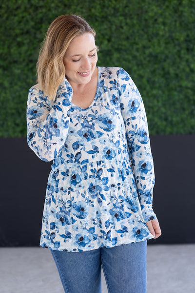 IN STOCK Long Sleeve Sarah Ruffle Top - Sapphire Floral