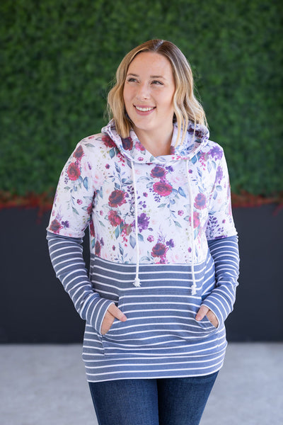 IN STOCK Hailey Pullover Hoodie - Burgundy Bloom and Grey Stripes