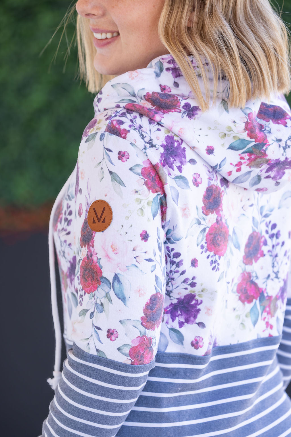 IN STOCK Hailey Pullover Hoodie - Burgundy Bloom and Grey Stripes