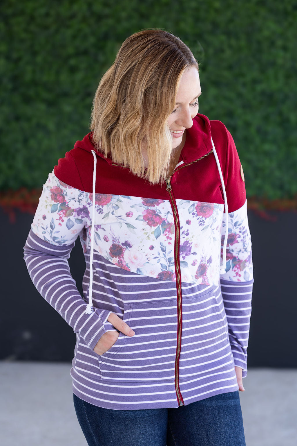 IN STOCK Colorblock Fullzip - Burgundy, Burgundy Bloom, and Plum Stripes