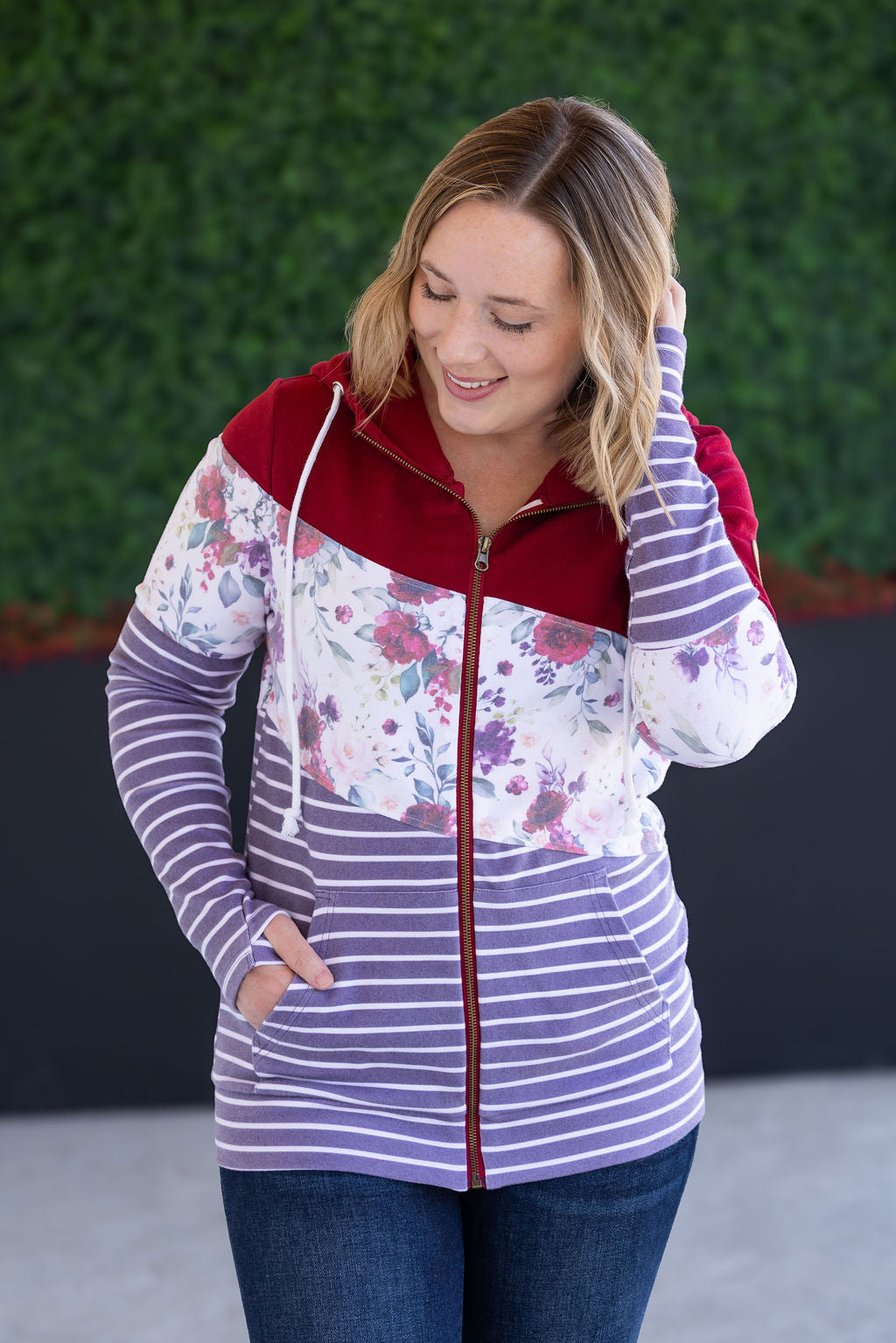 IN STOCK Colorblock Fullzip - Burgundy, Burgundy Bloom, and Plum Stripes