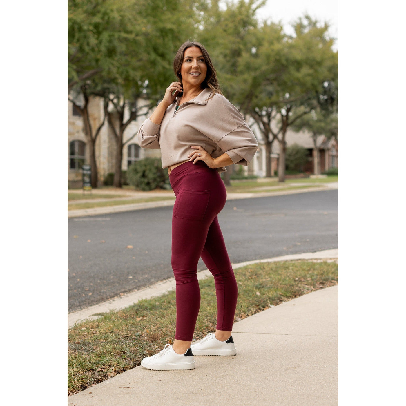 Ready to Ship | The Molly - MAROON Crossover Full Length Leggings with Pockets