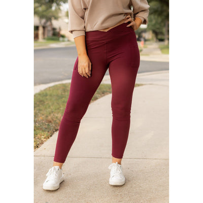 Ready to Ship | The Molly - MAROON Crossover Full Length Leggings with Pockets