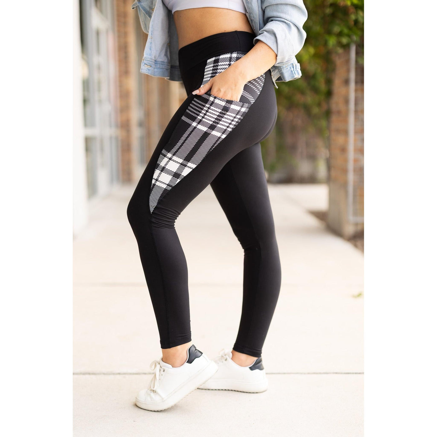 Ready to Ship | The Gabby - Black And White Plaid Panel Leggings