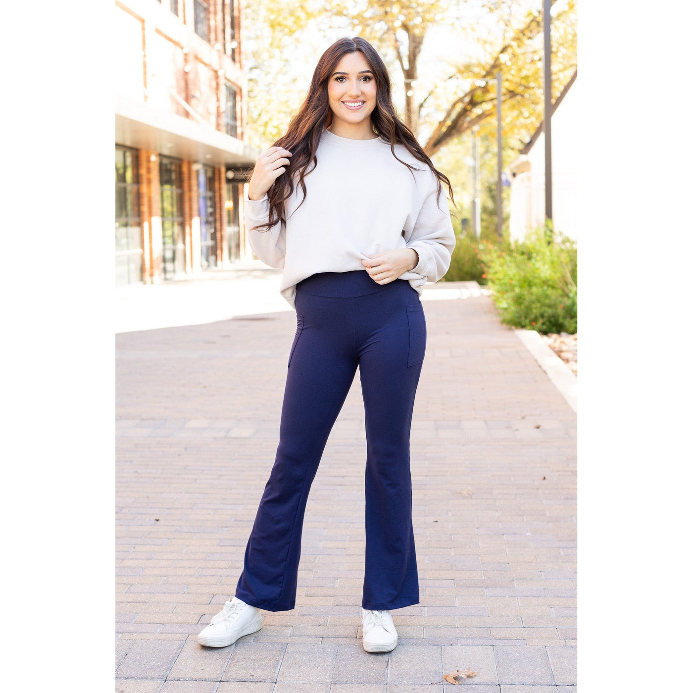 Full length navy bootcut leggings with side pockets Flattering women’s bootcut leggings in navy blue by Julia Rose