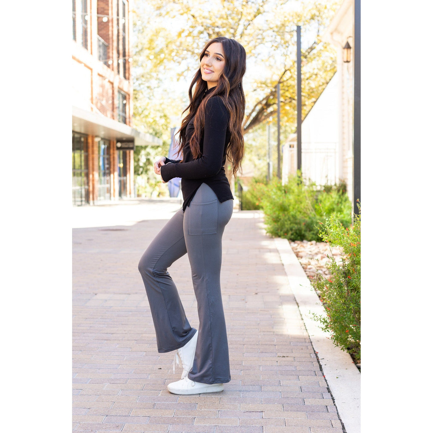 Ready to Ship | The Cassie - 30  CHARCOAL Bootcut Leggings with Pockets