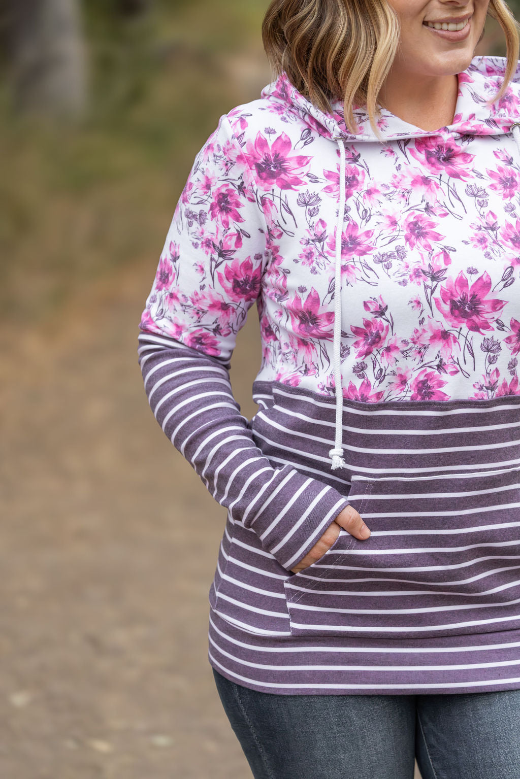 IN STOCK Hailey Pullover Hoodie - Pink Floral and Stripes