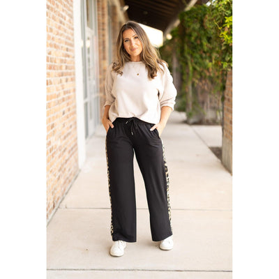 PreOrder | The Chelsea - Black Wide Leg with Leopard Panel Loungers