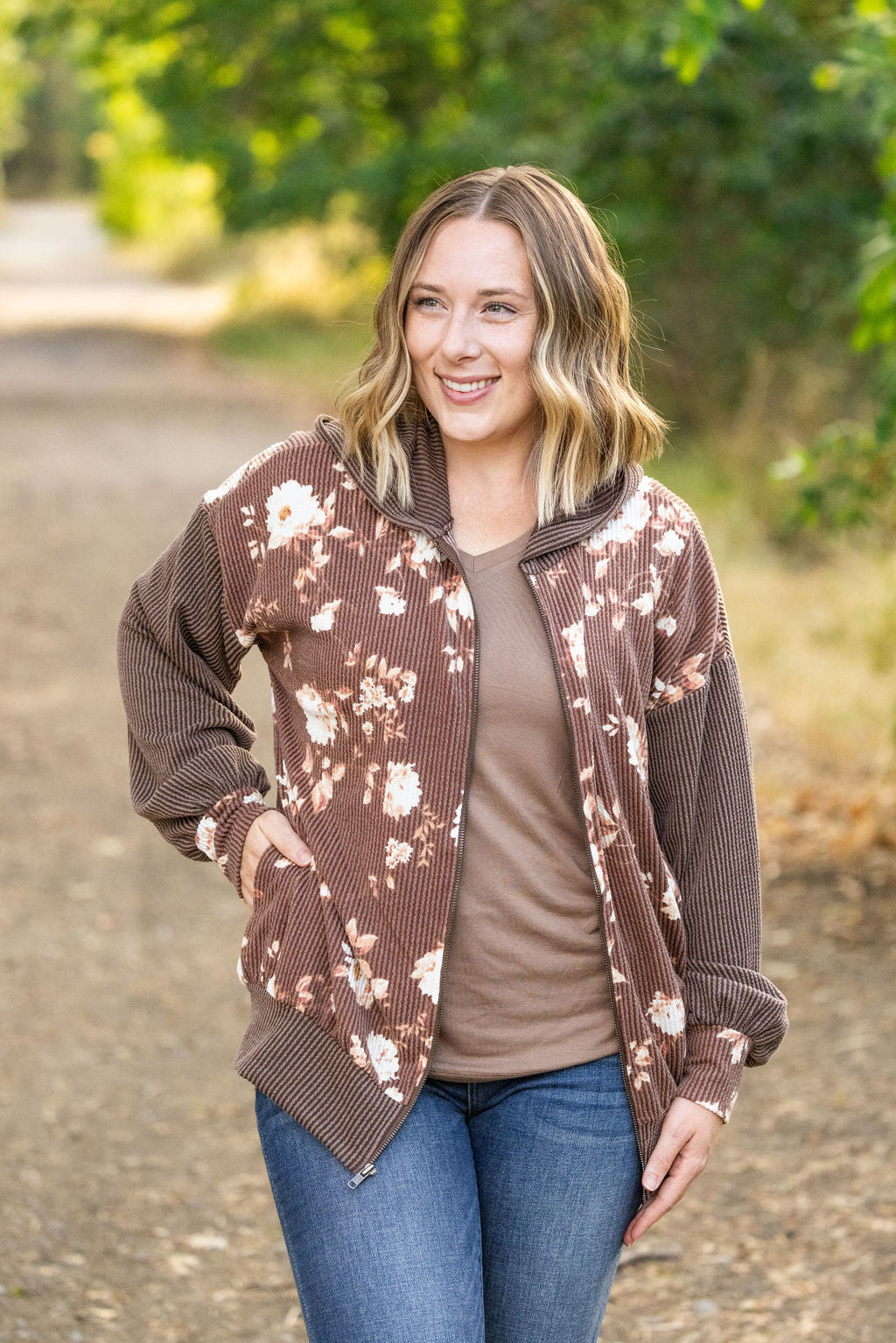 IN STOCK Ramona Ribbed Floral Zip Up - Brown FINAL SALE