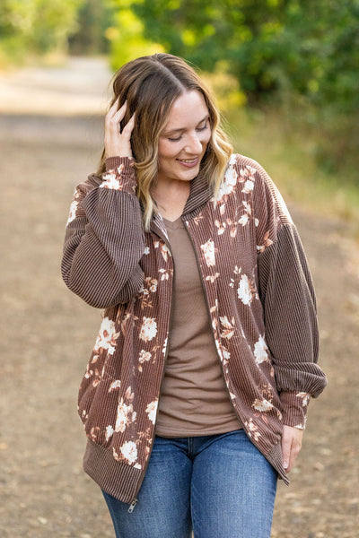 IN STOCK Ramona Ribbed Floral Zip Up - Brown FINAL SALE