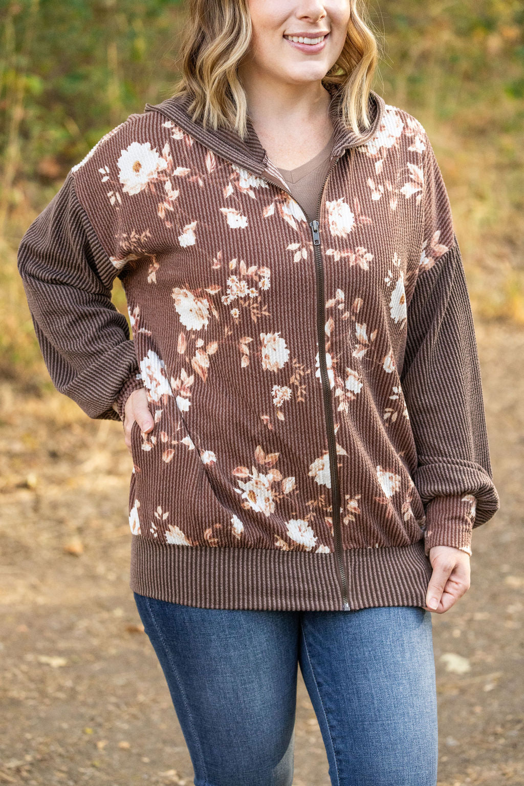 IN STOCK Ramona Ribbed Floral Zip Up - Brown FINAL SALE