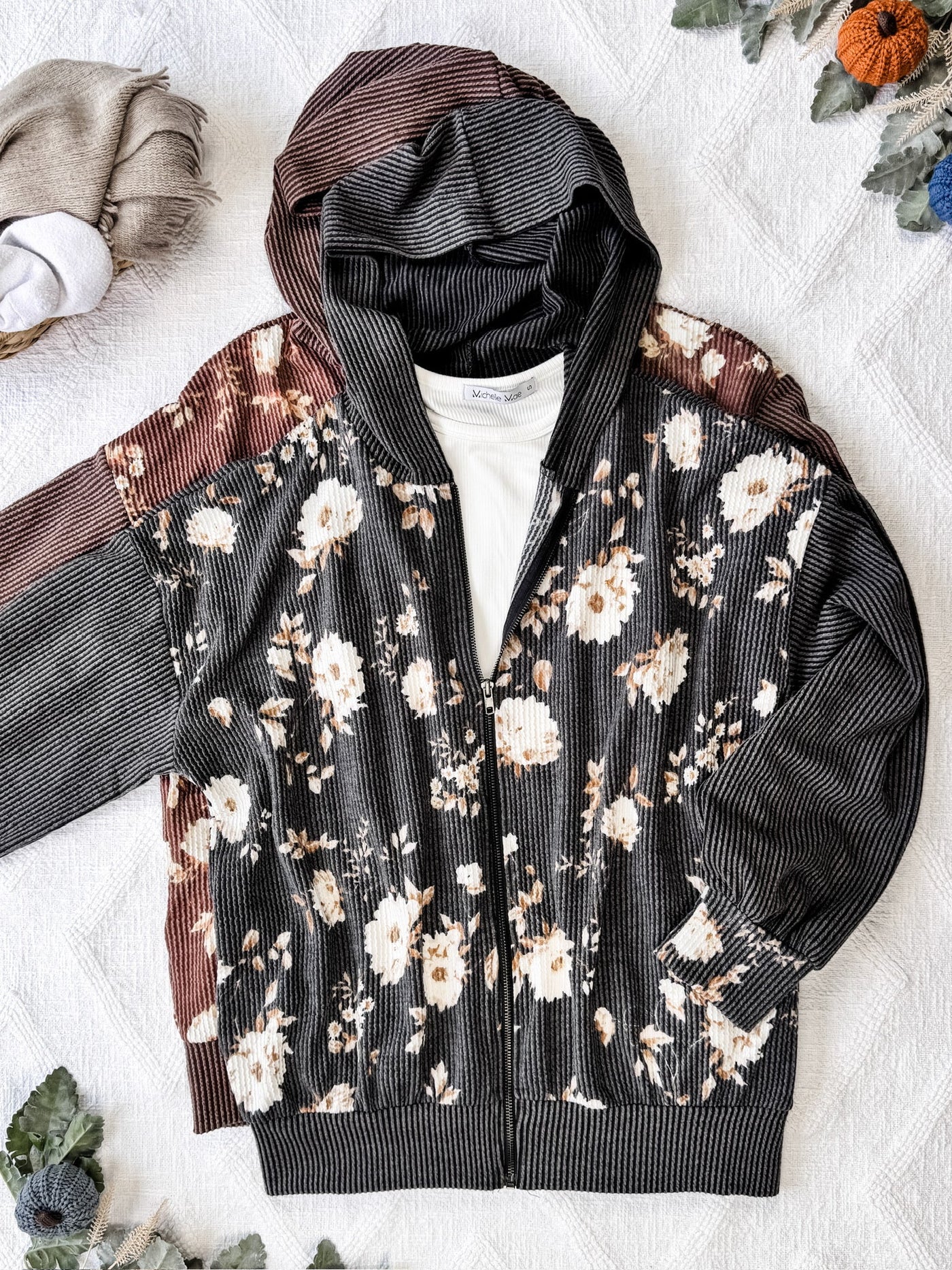 IN STOCK Ramona Ribbed Floral Zip Up - Brown FINAL SALE