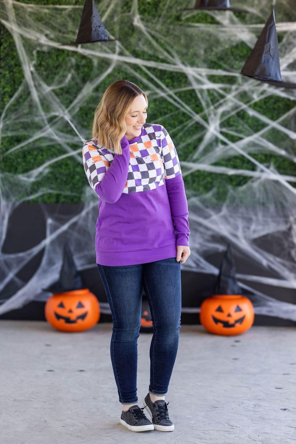 IN STOCK Natalie Pullover - Checkered Bats and Purple FINAL SALE