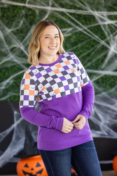 IN STOCK Natalie Pullover - Checkered Bats and Purple FINAL SALE