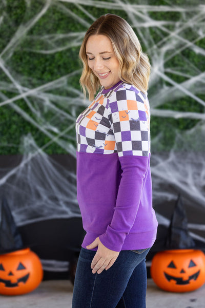IN STOCK Natalie Pullover - Checkered Bats and Purple FINAL SALE