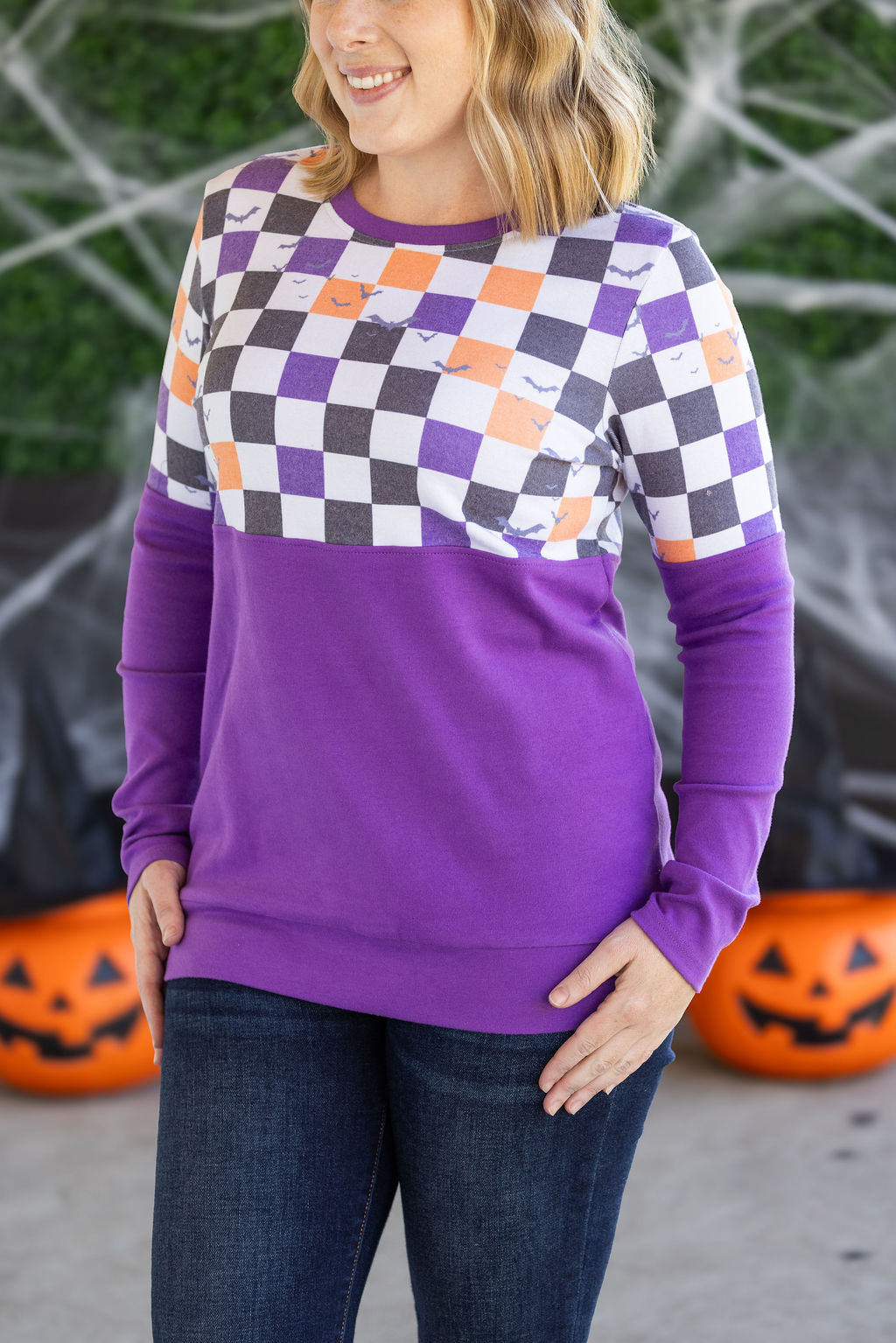 IN STOCK Natalie Pullover - Checkered Bats and Purple FINAL SALE