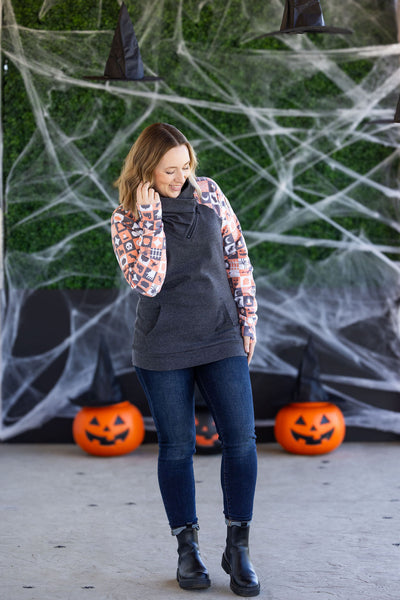 IN STOCK Zoey ZipCowl Sweatshirt -Trick-or-Treat Checkered and Charcoal
