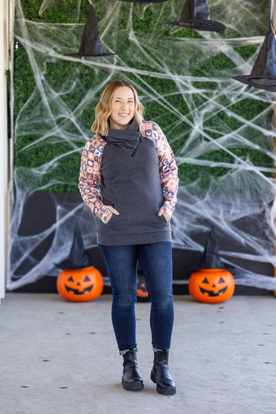 IN STOCK Zoey ZipCowl Sweatshirt -Trick-or-Treat Checkered and Charcoal