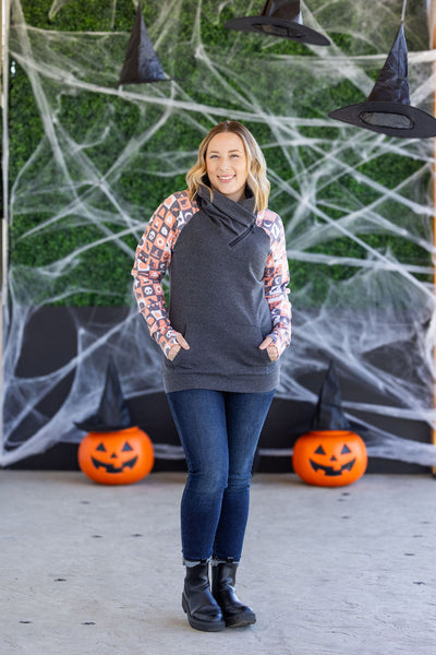 IN STOCK Zoey ZipCowl Sweatshirt -Trick-or-Treat Checkered and Charcoal