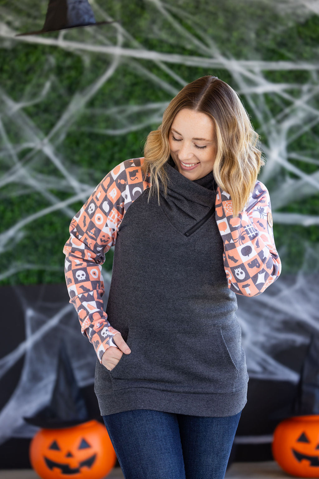 IN STOCK Zoey ZipCowl Sweatshirt -Trick-or-Treat Checkered and Charcoal