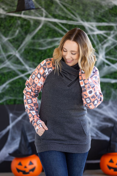 IN STOCK Zoey ZipCowl Sweatshirt -Trick-or-Treat Checkered and Charcoal