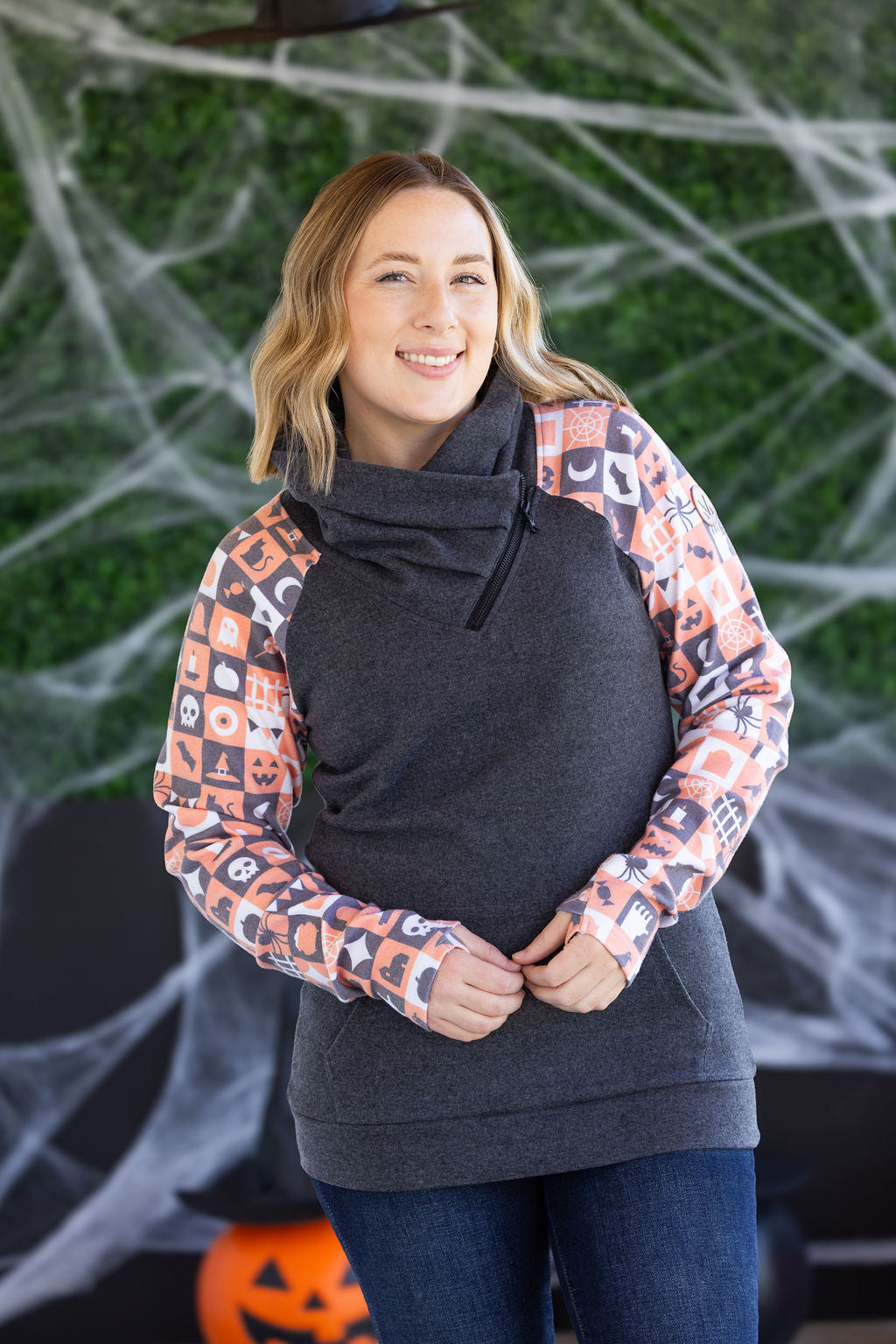 IN STOCK Zoey ZipCowl Sweatshirt -Trick-or-Treat Checkered and Charcoal