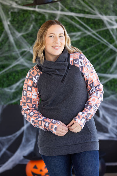IN STOCK Zoey ZipCowl Sweatshirt -Trick-or-Treat Checkered and Charcoal