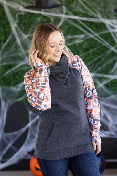 IN STOCK Zoey ZipCowl Sweatshirt -Trick-or-Treat Checkered and Charcoal