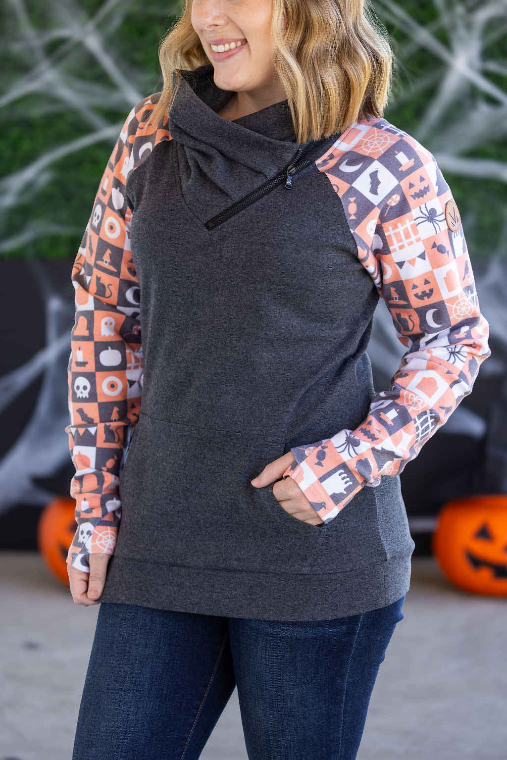 IN STOCK Zoey ZipCowl Sweatshirt -Trick-or-Treat Checkered and Charcoal
