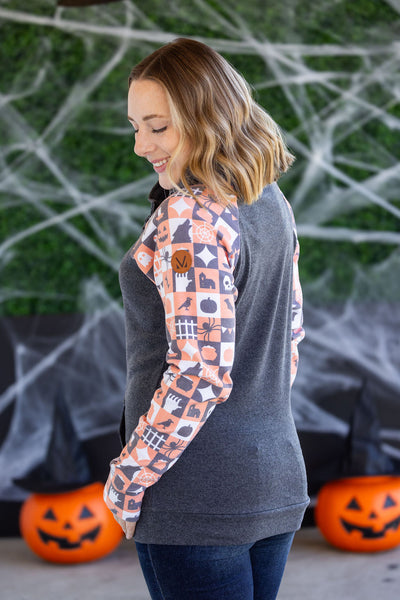 IN STOCK Zoey ZipCowl Sweatshirt -Trick-or-Treat Checkered and Charcoal
