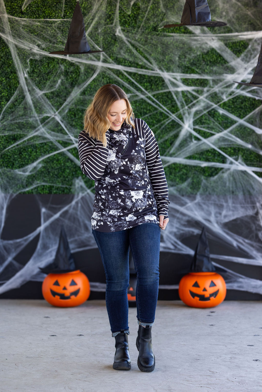 IN STOCK Zoey ZipCowl Sweatshirt - Black Floral and Stripes