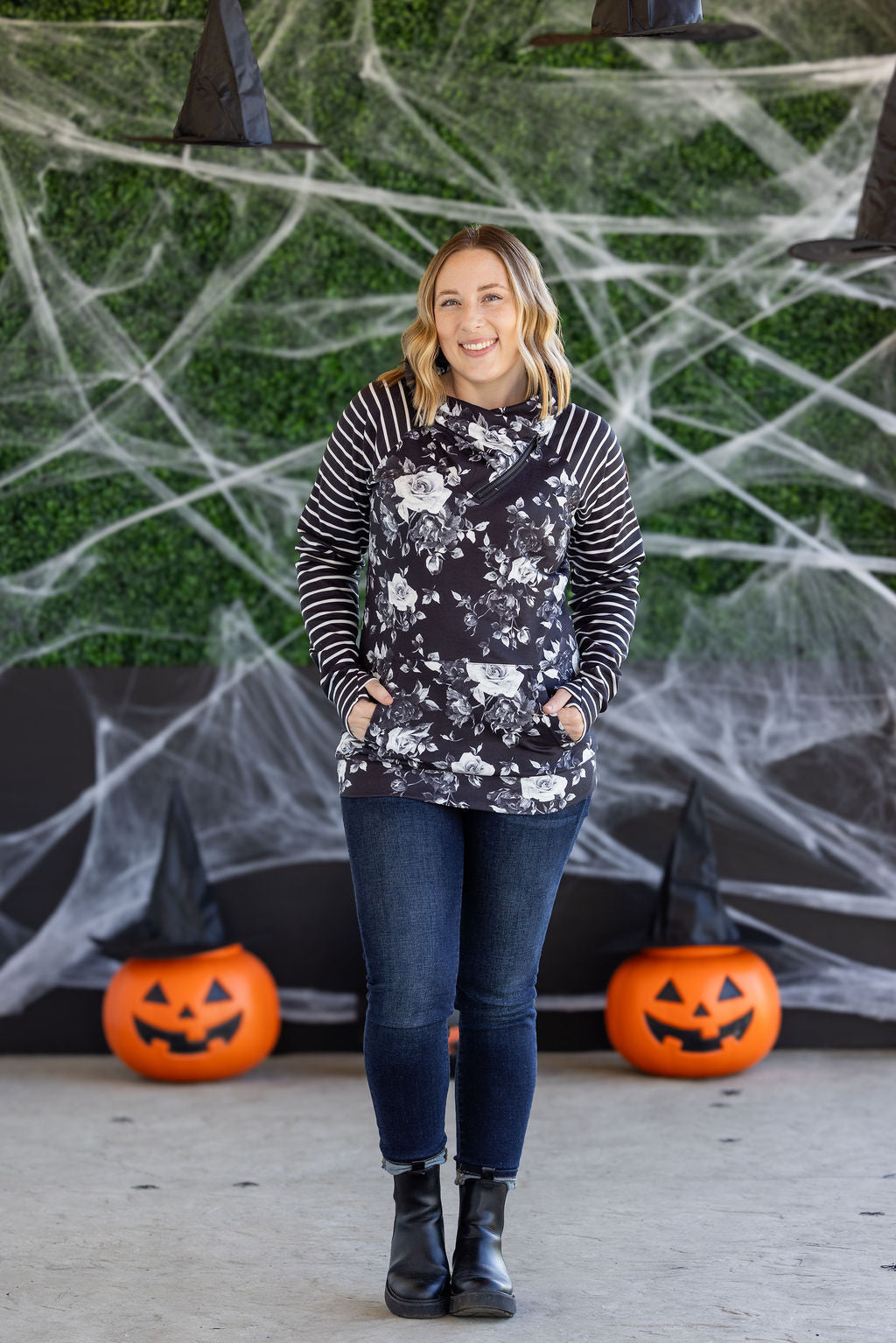 IN STOCK Zoey ZipCowl Sweatshirt - Black Floral and Stripes