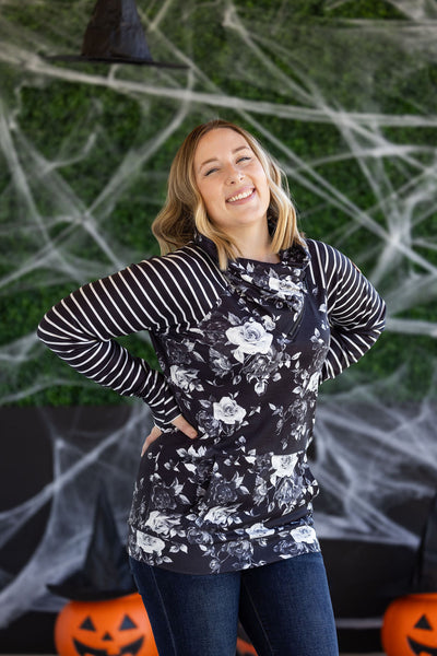 IN STOCK Zoey ZipCowl Sweatshirt - Black Floral and Stripes