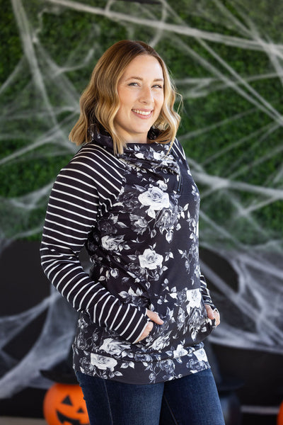 IN STOCK Zoey ZipCowl Sweatshirt - Black Floral and Stripes