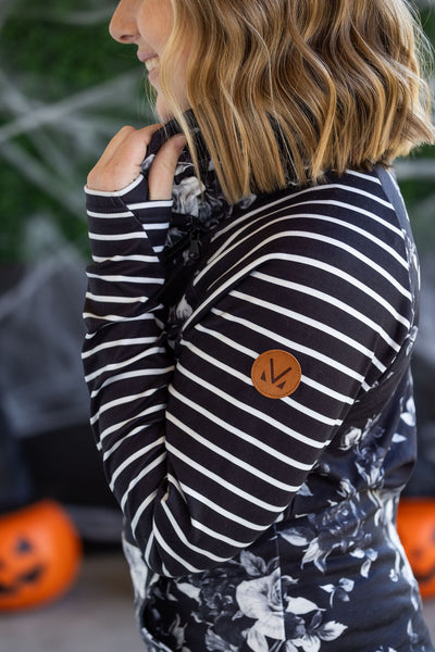 IN STOCK Zoey ZipCowl Sweatshirt - Black Floral and Stripes