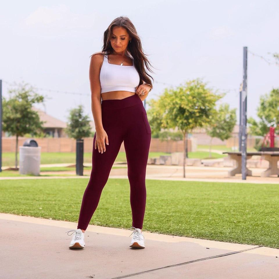 Ready to Ship | The Molly - MAROON Crossover Full Length Leggings with Pockets