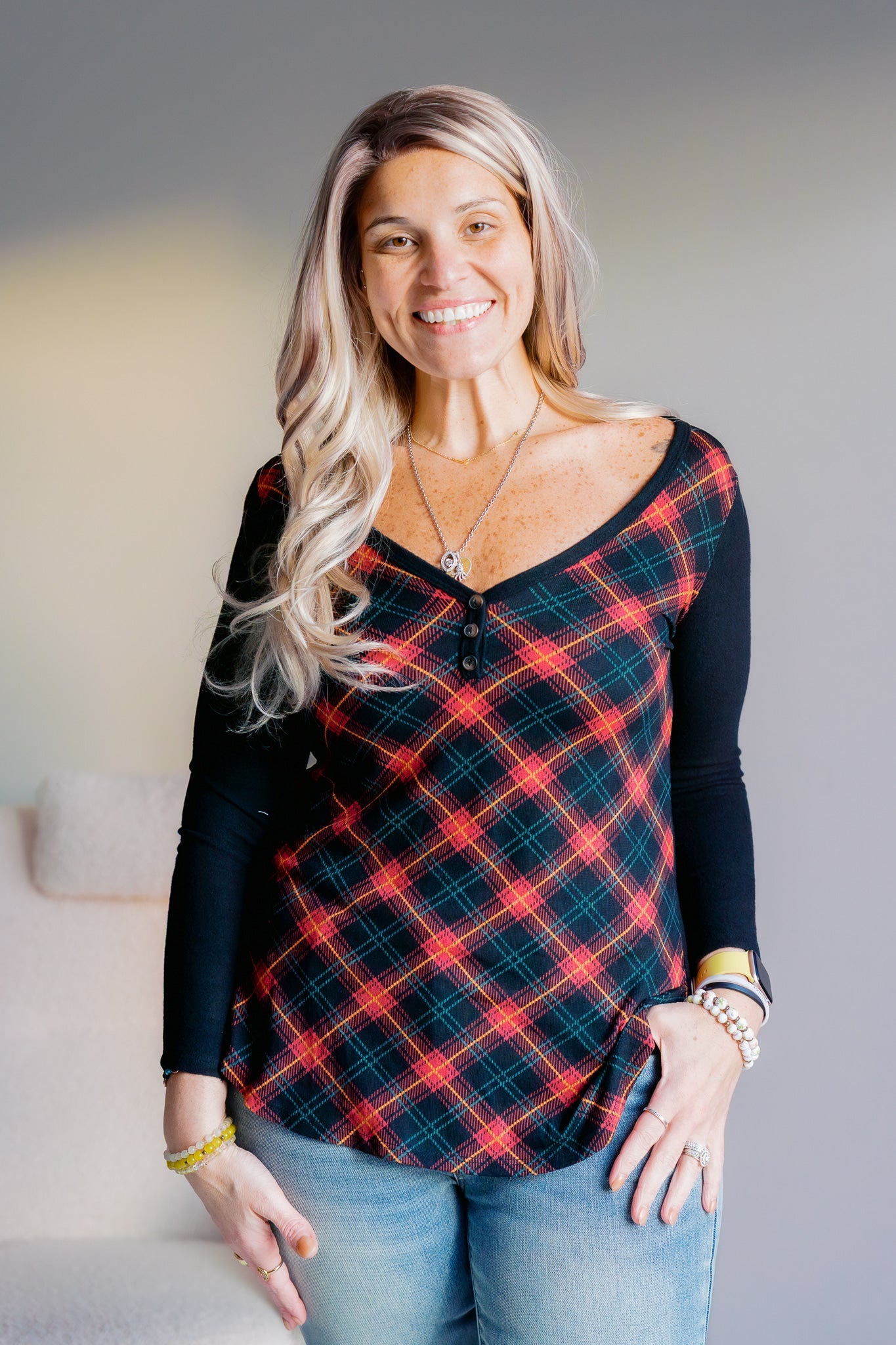 Crimson Cabin Plaid V-Neck